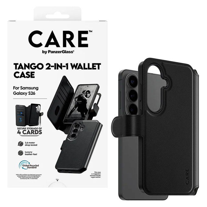 Case Tango Wallet Two-In-One with QI for Samsung Galaxy S26, Black, PanzerGlass