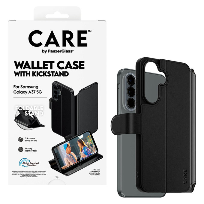 Case Wallet Kickstand for Samsung Galaxy A37, Black, PanzerGlass