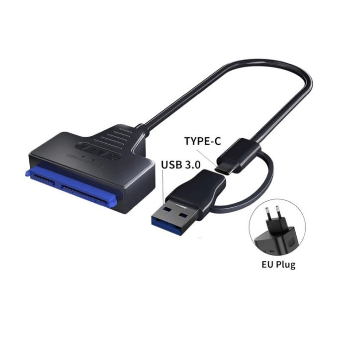 USB 3.0 / USB-C to SATA adapter for 2.5" and 3.5" HDD/SSD, with power supply
