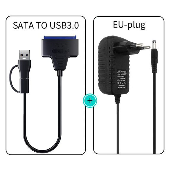 USB 3.0 / USB-C to SATA adapter for 2.5" and 3.5" HDD/SSD, with power supply