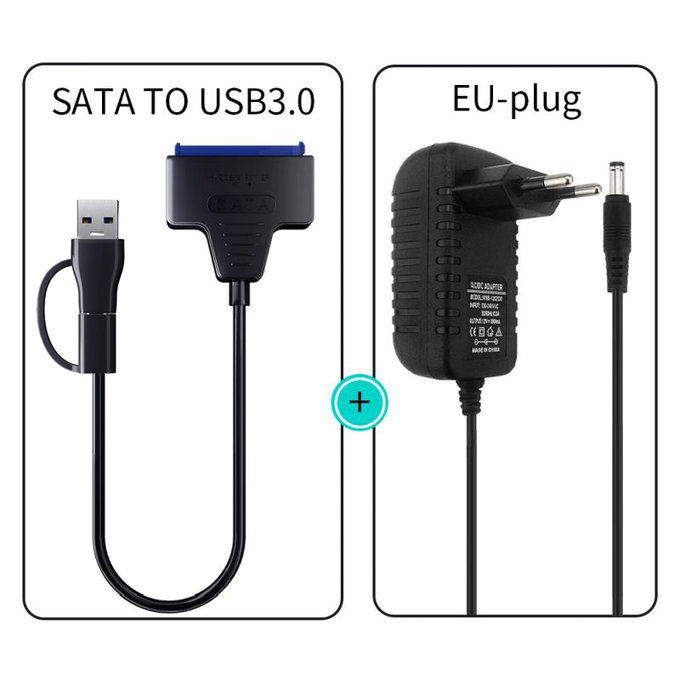 USB 3.0 / USB-C to SATA adapter for 2.5" and 3.5" HDD/SSD, with power supply