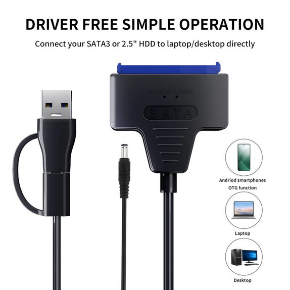 USB 3.0 / USB-C to SATA adapter for 2.5" and 3.5" HDD/SSD, with power supply