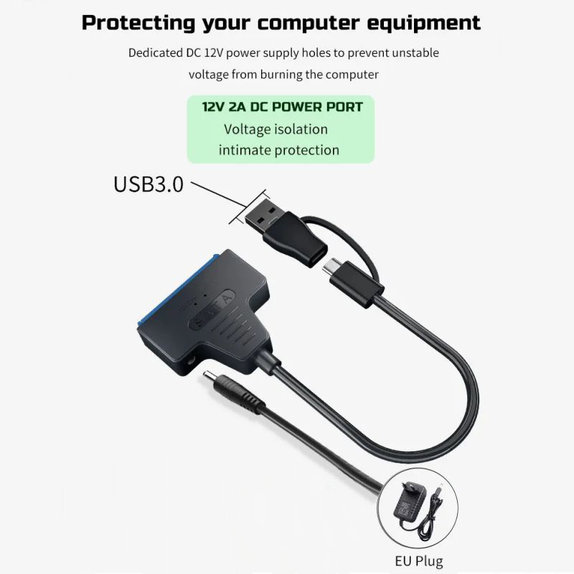 USB 3.0 / USB-C to SATA adapter for 2.5" and 3.5" HDD/SSD, with power supply