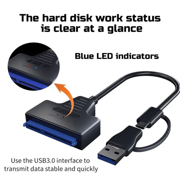 USB 3.0 / USB-C to SATA adapter for 2.5" and 3.5" HDD/SSD, with power supply