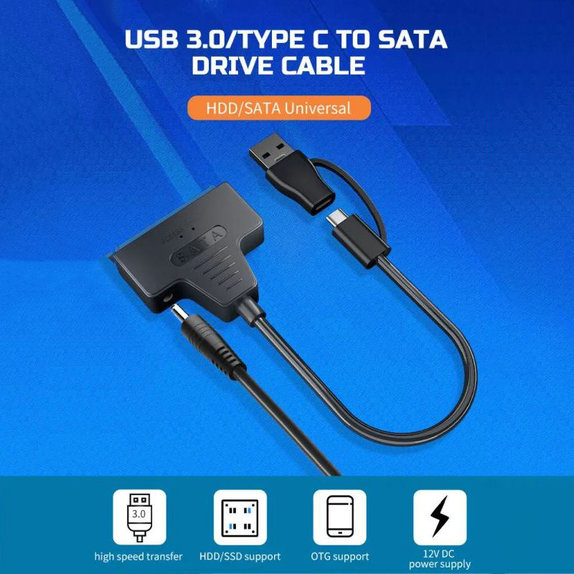 USB 3.0 / USB-C to SATA adapter for 2.5" and 3.5" HDD/SSD, with power supply