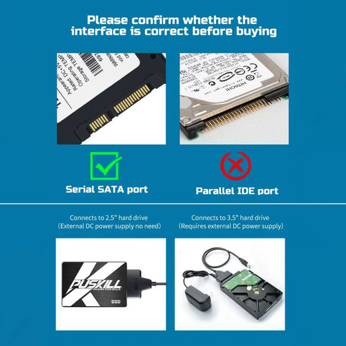 USB 3.0 / USB-C to SATA adapter for 2.5" and 3.5" HDD/SSD, with power supply