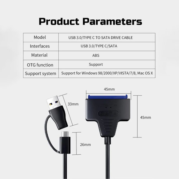 USB 3.0 / USB-C to SATA adapter for 2.5" and 3.5" HDD/SSD, with power supply