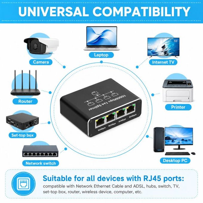 4-port Gigabit Ethernet switch, RJ45, 1000 Mbps