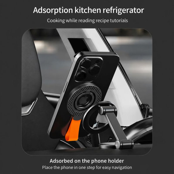 Magnetic phone holder with lanyard, black-orange