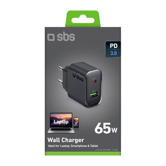 Travel Adapter USB-A/USB-C, GaN, 65 W PD, black, SBS