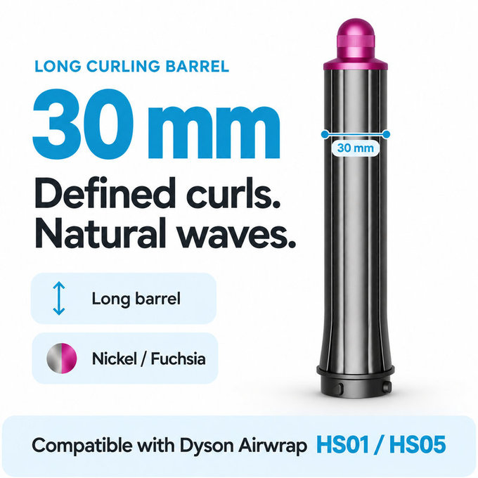 Long Curling Barrel for Dyson Airwrap HS01, HS05, 30 mm, Nickel / Fuchsia
