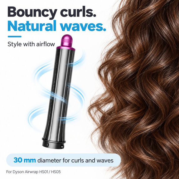 Long Curling Barrel for Dyson Airwrap HS01, HS05, 30 mm, Nickel / Fuchsia