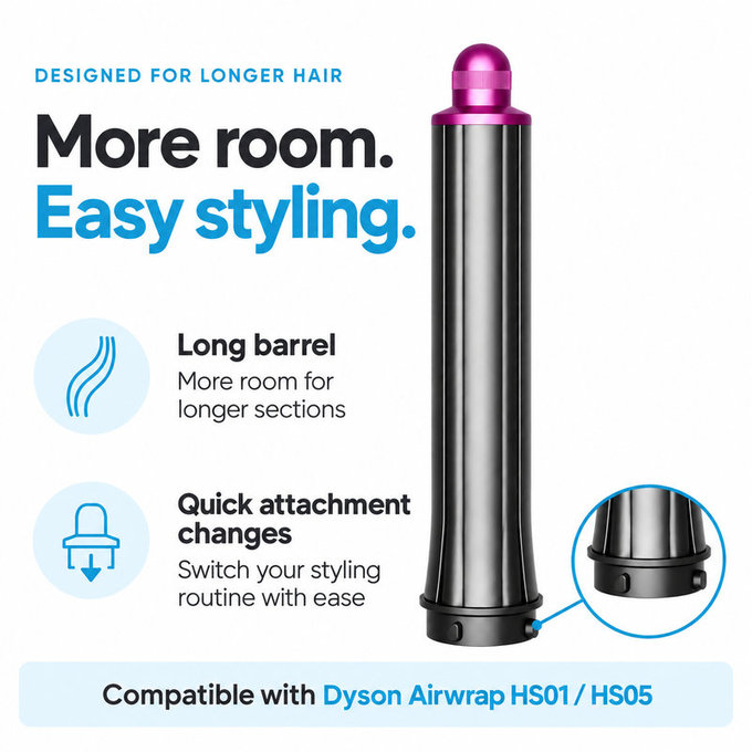 Long Curling Barrel for Dyson Airwrap HS01, HS05, 30 mm, Nickel / Fuchsia