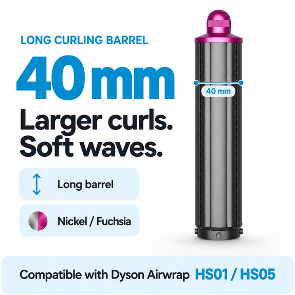 Long Curling Barrel for Dyson Airwrap HS01, HS05, 40 mm, Nickel / Fuchsia