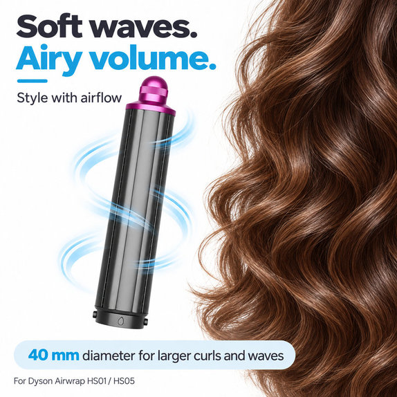 Long Curling Barrel for Dyson Airwrap HS01, HS05, 40 mm, Nickel / Fuchsia