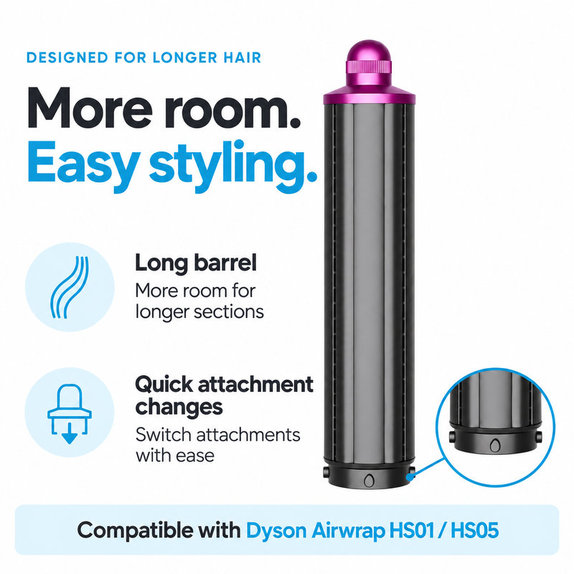 Long Curling Barrel for Dyson Airwrap HS01, HS05, 40 mm, Nickel / Fuchsia