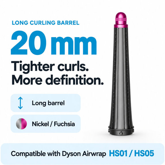 Long Curling Barrel for Dyson Airwrap HS01, HS05, 20 mm, Nickel / Fuchsia