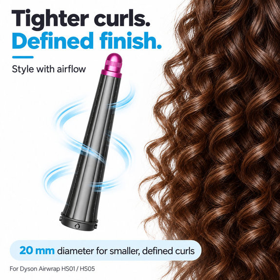 Long Curling Barrel for Dyson Airwrap HS01, HS05, 20 mm, Nickel / Fuchsia