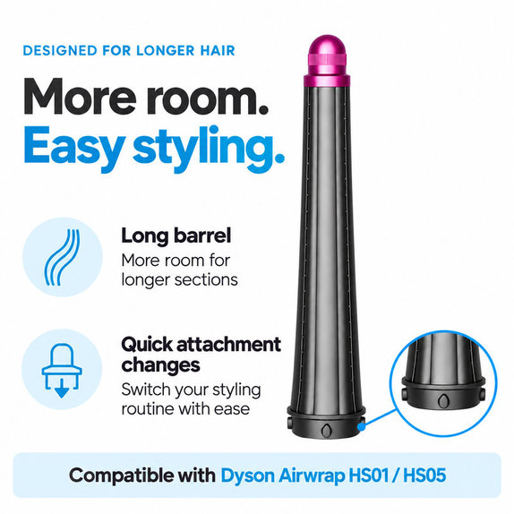 Long Curling Barrel for Dyson Airwrap HS01, HS05, 20 mm, Nickel / Fuchsia