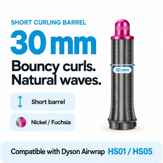 Short Curling Barrel for Dyson Airwrap HS01, HS05, 30 mm, Nickel / Fuchsia