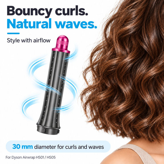 Short Curling Barrel for Dyson Airwrap HS01, HS05, 30 mm, Nickel / Fuchsia