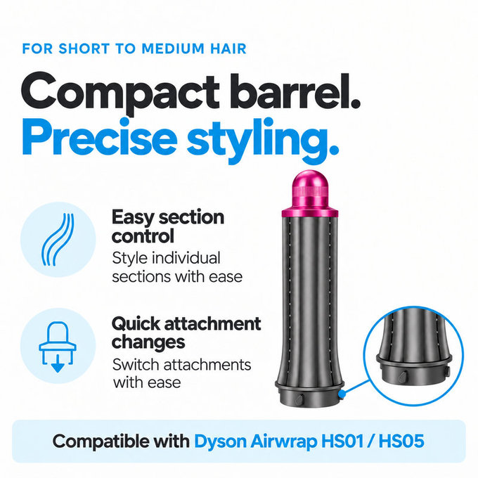 Short Curling Barrel for Dyson Airwrap HS01, HS05, 30 mm, Nickel / Fuchsia