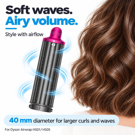 Short Curling Barrel for Dyson Airwrap HS01, HS05, 40 mm, Nickel / Fuchsia