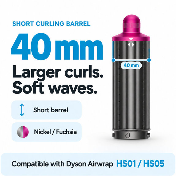 Short Curling Barrel for Dyson Airwrap HS01, HS05, 40 mm, Nickel / Fuchsia