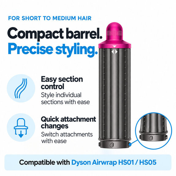 Short Curling Barrel for Dyson Airwrap HS01, HS05, 40 mm, Nickel / Fuchsia