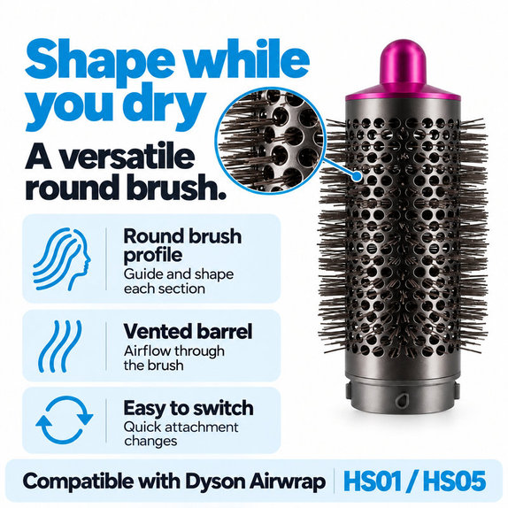 Medium Round Volumizing Brush for Dyson Airwrap HS01, HS05, Iron / Fuchsia