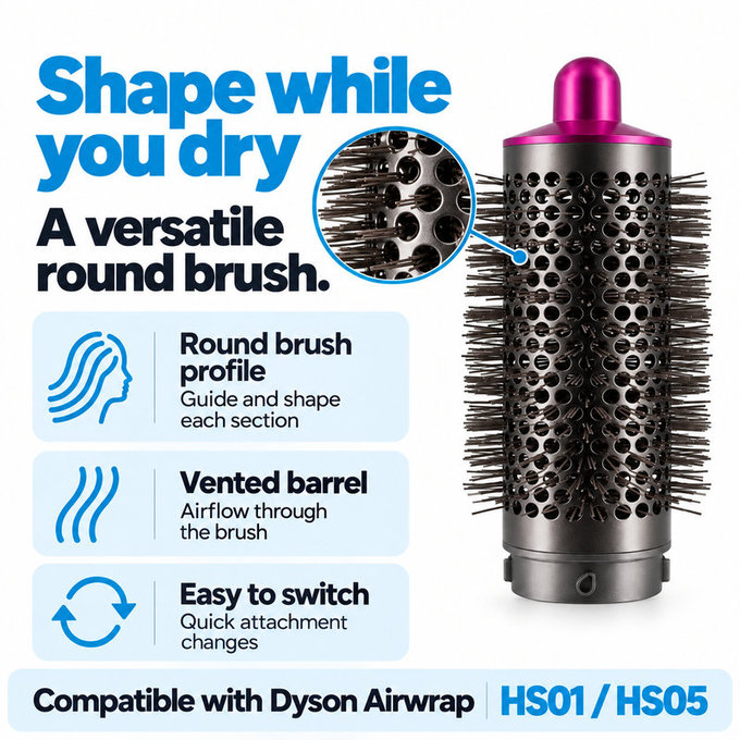 Medium Round Volumizing Brush for Dyson Airwrap HS01, HS05, Iron / Fuchsia