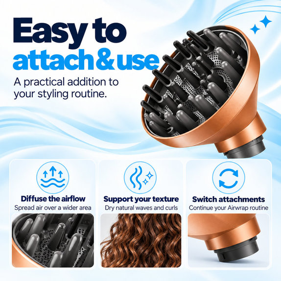 Wave + Curl Diffuser for Dyson Airwrap HS01, HS05, HS08, Copper