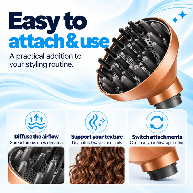 Wave + Curl Diffuser for Dyson Airwrap HS01, HS05, HS08, Copper