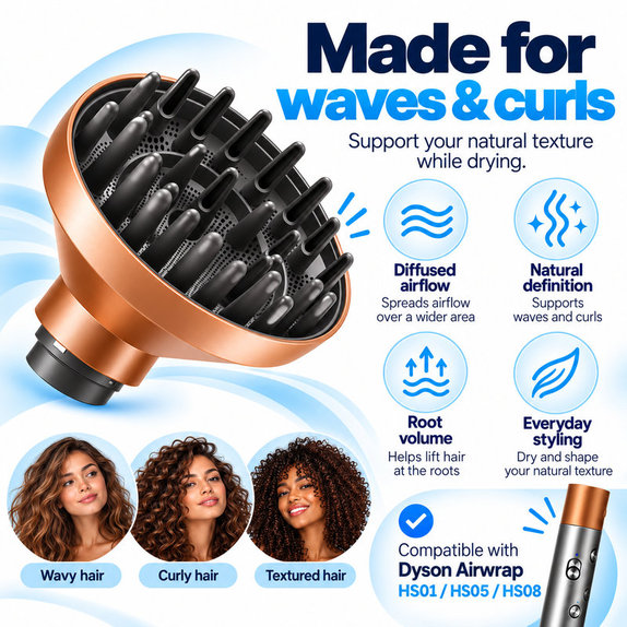 Wave + Curl Diffuser for Dyson Airwrap HS01, HS05, HS08, Copper