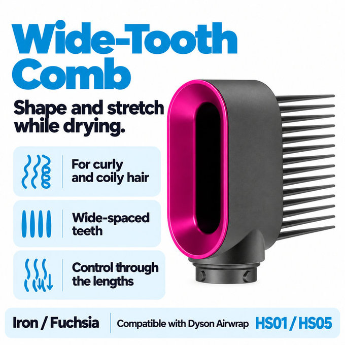 Wide-Tooth Comb for Dyson Airwrap HS01, HS05, Iron / Fuchsia