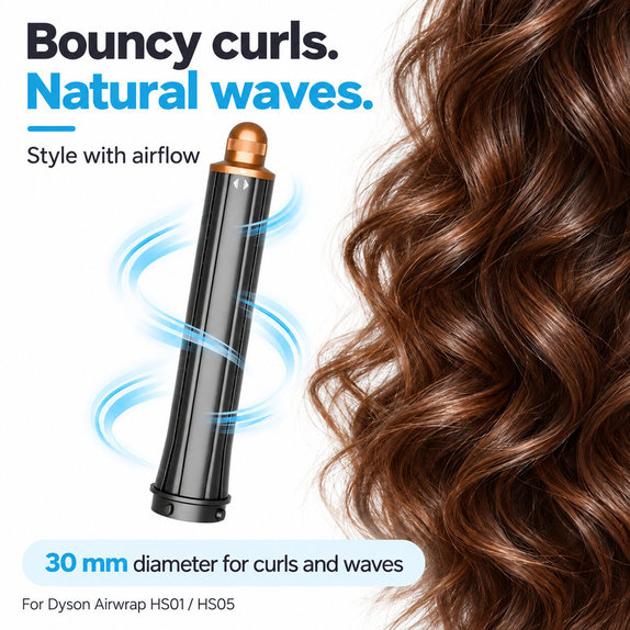Long Curling Barrel for Dyson Airwrap HS01, HS05, 30 mm, Nickel / Copper