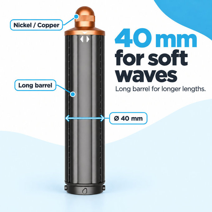 Long Curling Barrel for Dyson Airwrap HS01, HS05, 40 mm, Nickel / Copper