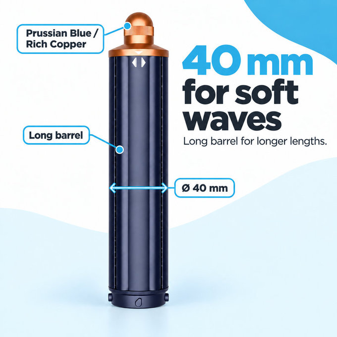 Long Curling Barrel for Dyson Airwrap HS01, HS05, 40 mm, Prussian Blue / Rich Copper
