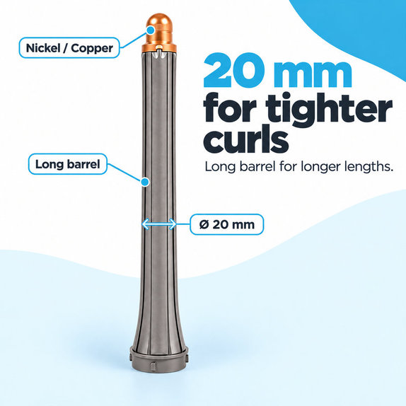 Long Curling Barrel for Dyson Airwrap HS01, HS05, 20 mm, Nickel / Copper
