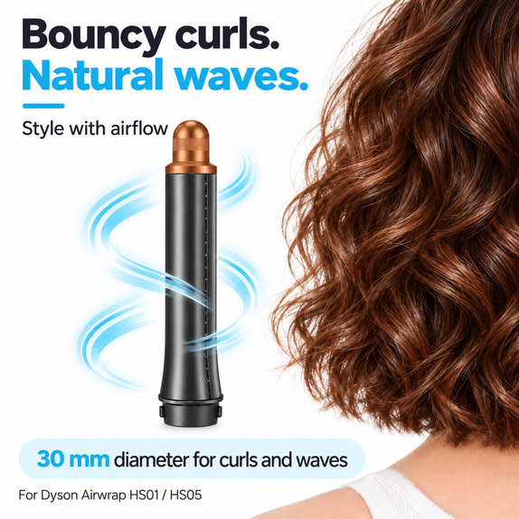 Short Curling Barrel for Dyson Airwrap HS01, HS05, 30 mm, Nickel / Copper
