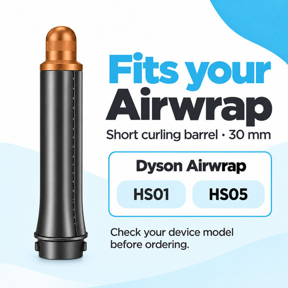 Short Curling Barrel for Dyson Airwrap HS01, HS05, 30 mm, Nickel / Copper