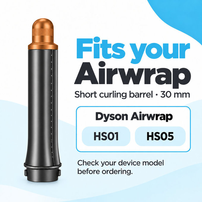 Short Curling Barrel for Dyson Airwrap HS01, HS05, 30 mm, Nickel / Copper