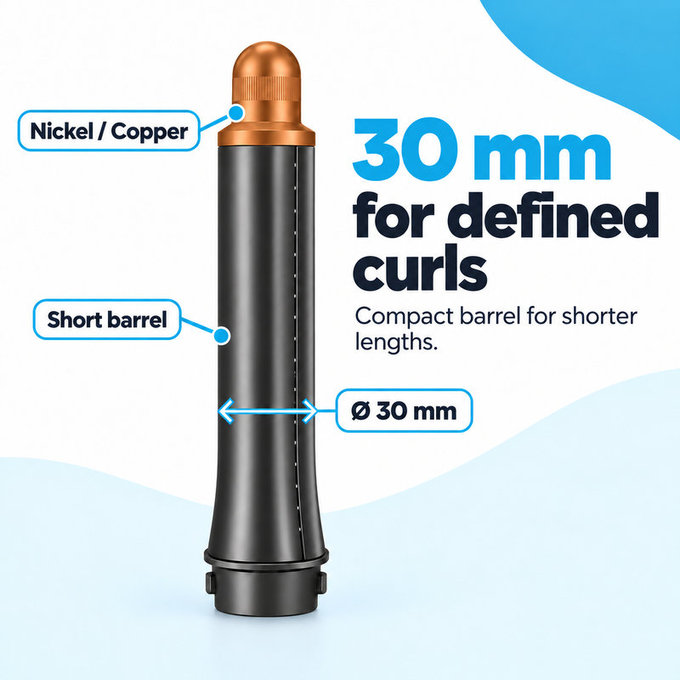 Short Curling Barrel for Dyson Airwrap HS01, HS05, 30 mm, Nickel / Copper