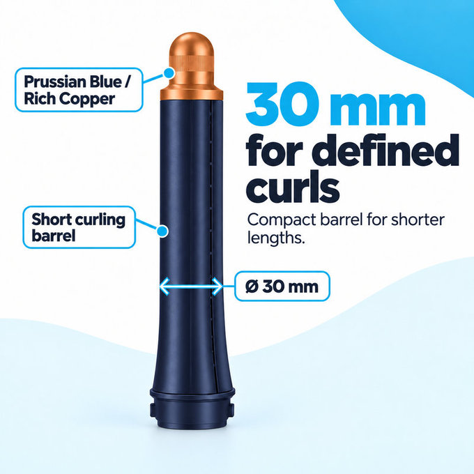 Short Curling Barrel for Dyson Airwrap HS01, HS05, 30 mm, Prussian Blue / Rich Copper