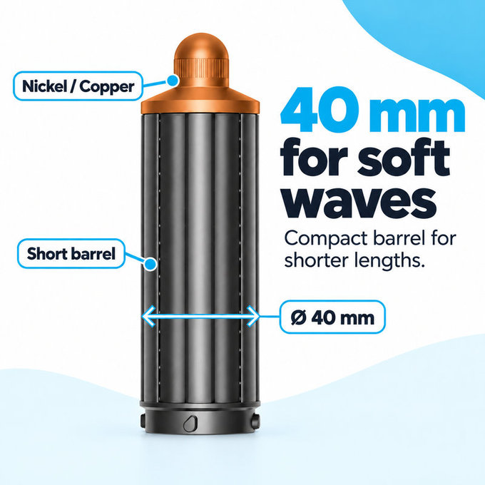 Short Curling Barrel for Dyson Airwrap HS01, HS05, 40 mm, Nickel / Copper