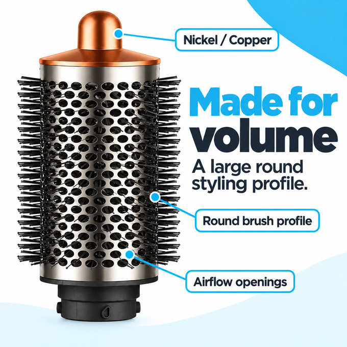 Large Round Volumizing Brush for Dyson Airwrap HS01, HS05, Nickel / Copper