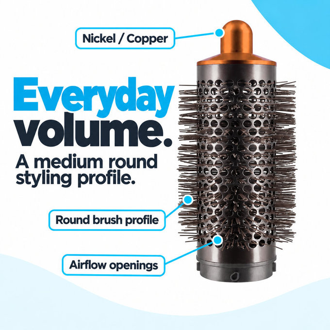 Medium Round Volumizing Brush for Dyson Airwrap HS01, HS05, Nickel / Copper