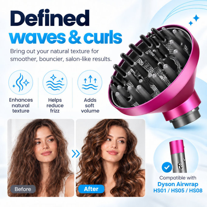 Wave + Curl Diffuser for Dyson Airwrap HS05, Fuchsia