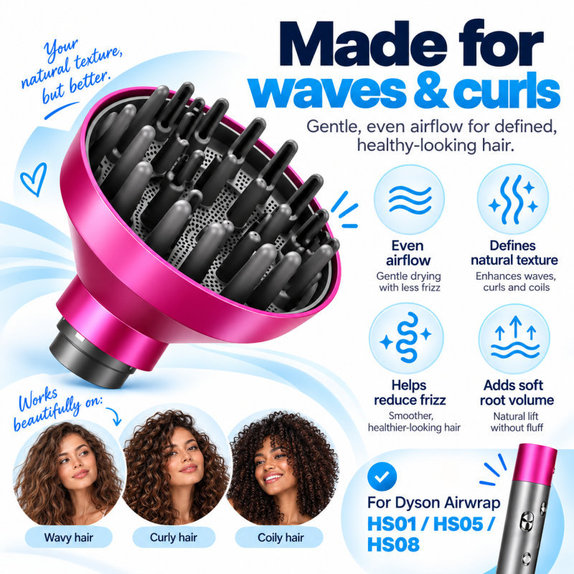 Wave + Curl Diffuser for Dyson Airwrap HS05, Fuchsia
