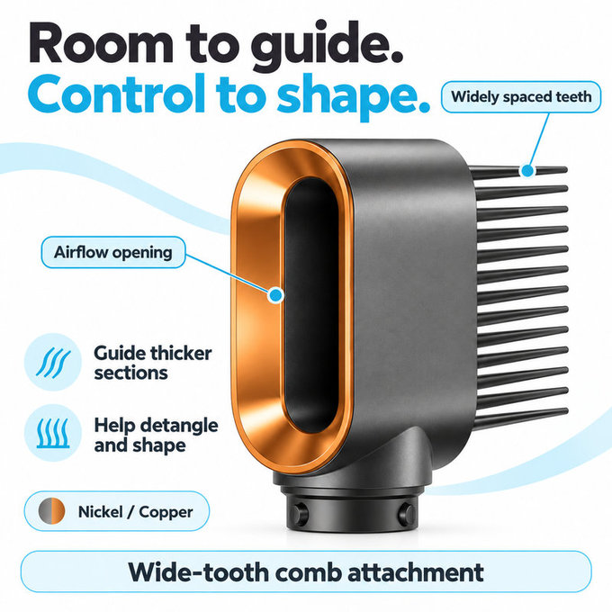 Wide-Tooth Comb for Dyson Airwrap HS01, HS05, Nickel / Copper